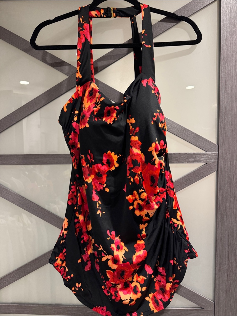 Swimsuits For All Black Swim with Red & Orange Floral Print